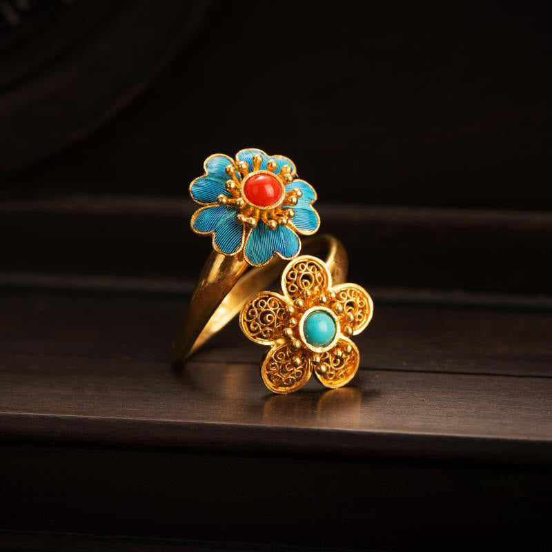 Bague de richesse en cuivre turquoise dégoulinante à double pétales de Buddha Stones - image 2