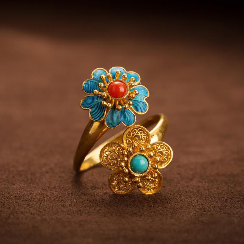 Bague de richesse en cuivre turquoise dégoulinante à double pétales de Buddha Stones - Pétales de cuivre - image 1