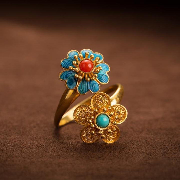 Bague de richesse en cuivre turquoise dégoulinante à double pétales de Buddha Stones - Pétales de cuivre - image 1