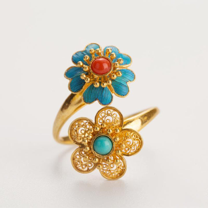 Bague de richesse en cuivre turquoise dégoulinante à double pétales de Buddha Stones - image 4