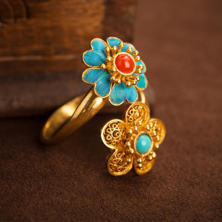 Bague de richesse en cuivre turquoise dégoulinante à double pétales de Buddha Stones - image 3