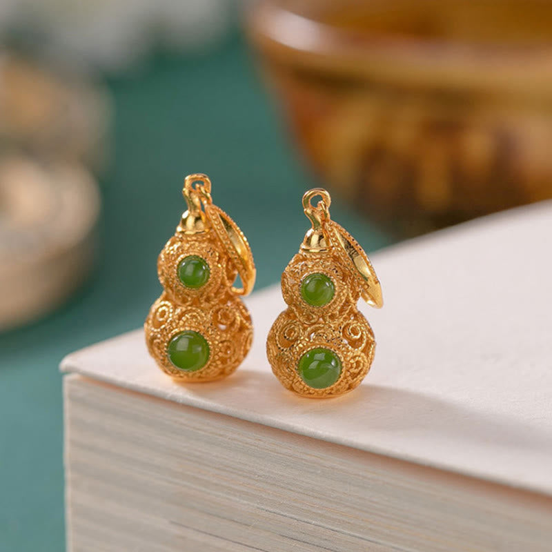 Buddha Stones Boucles d'oreilles en jade et gourde creuse en cuivre - image 2