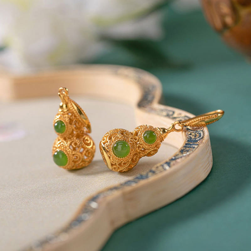 Buddha Stones Boucles d'oreilles en jade et gourde creuse en cuivre - image 3