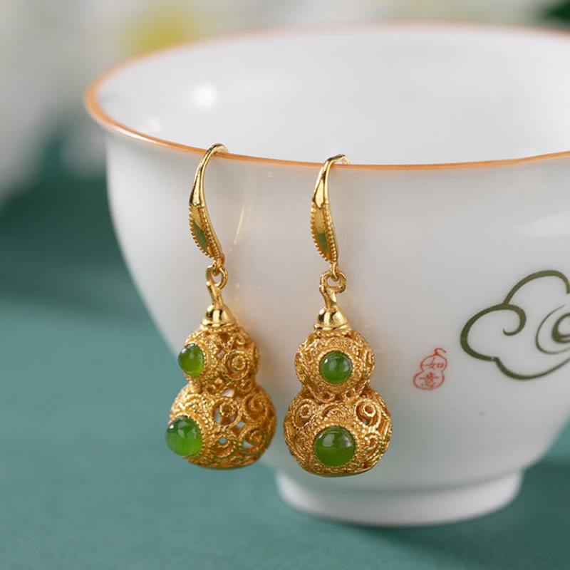 Buddha Stones Boucles d'oreilles en jade et gourde creuse en cuivre - Courge creuse (poteaux en cuivre) - image 1