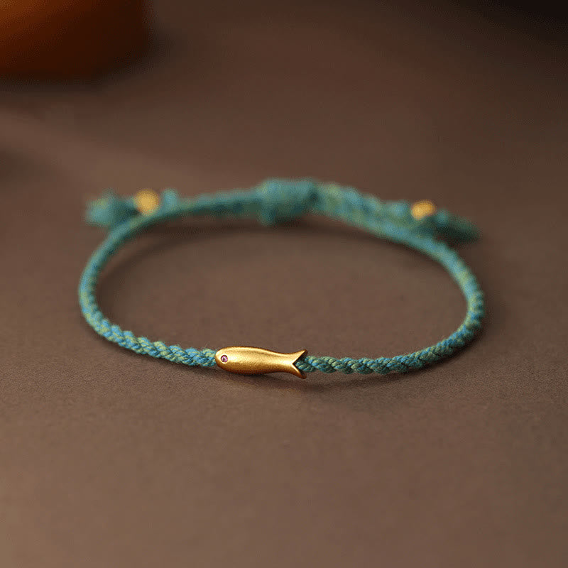Bracelet porte-bonheur en corde et cuivre avec Buddha Stones et poisson koï - Cordon bleu (Tour de poignet : 15-17 cm) - image 0
