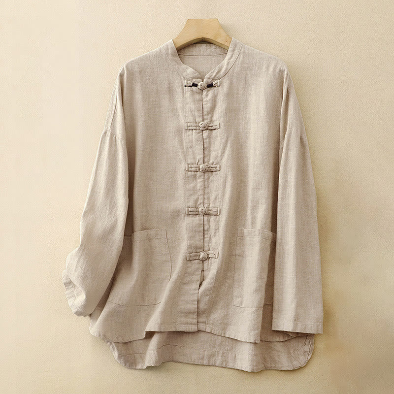 Vêtements décontractés en coton avec boutons et nœuds chinois , Buddha Stones , littéraires et artistiques - Lin - US12，UK/AU16，EU44 (2XL) - image 0