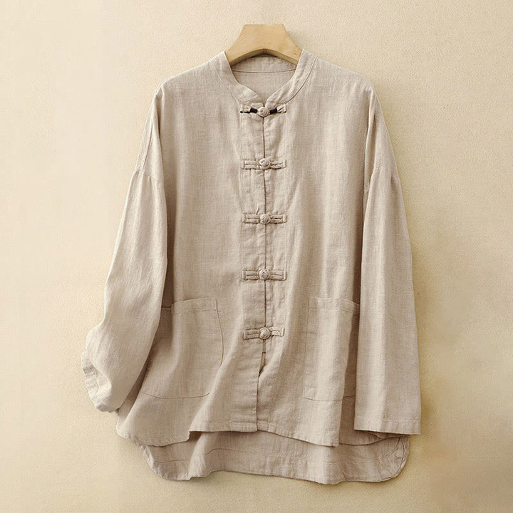 Vêtements décontractés en coton avec boutons et nœuds chinois , Buddha Stones , littéraires et artistiques - Lin - US12，UK/AU16，EU44 (2XL) - image 0