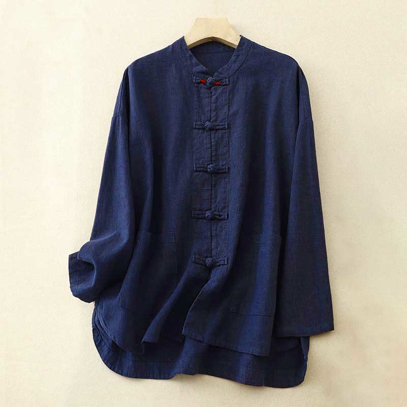 Vêtements décontractés en coton avec boutons et nœuds chinois , Buddha Stones , littéraires et artistiques - Bleu nuit - US8-10，UK/AU12-14，EU40-42 (2XL) - image 9
