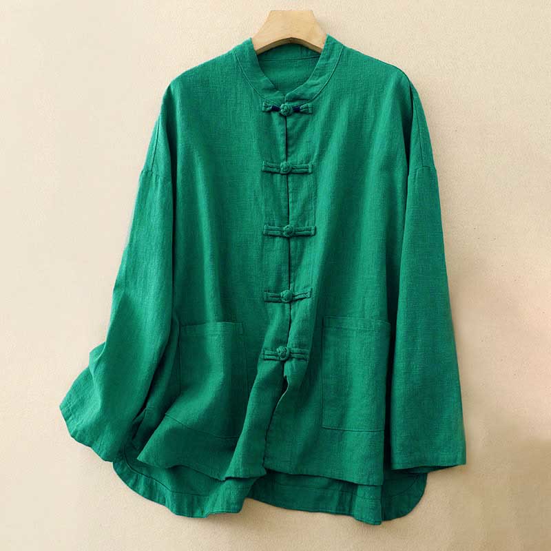 Vêtements décontractés en coton avec boutons et nœuds chinois , Buddha Stones , littéraires et artistiques - Vert - US8-10，UK/AU12-14，EU40-42 (2XL) - image 14