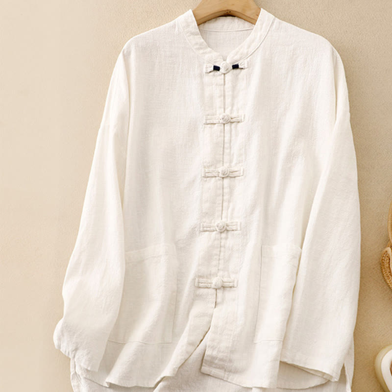 Vêtements décontractés en coton avec boutons et nœuds chinois , Buddha Stones , littéraires et artistiques - Blanc - US12，UK/AU16，EU44 (2XL) - image 19