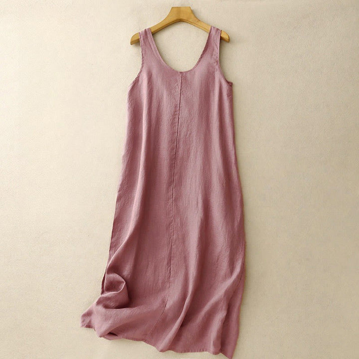 Robe midi sans manches à col rond, coupe simple et décontractée, ornée de poches, couleur unie, motif Buddha Stones . - Rouge violet pâle - US14，UK/AU18，EU46 (2XL) - image 0