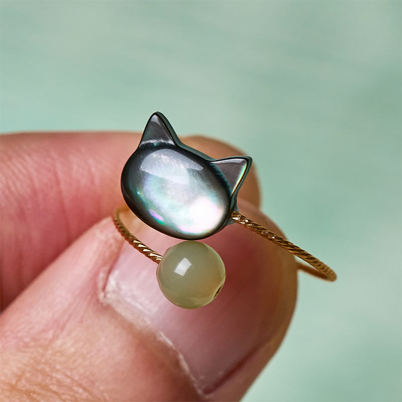 Bague ajustable en Buddha Stones noir avec pierre de Tridacna et chat - image 3