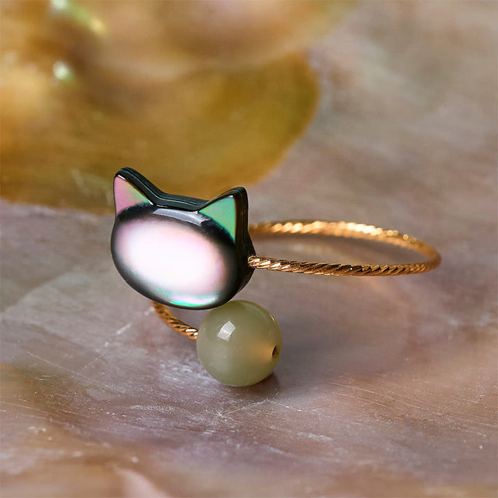 Bague ajustable en Buddha Stones noir avec pierre de Tridacna et chat - image 4