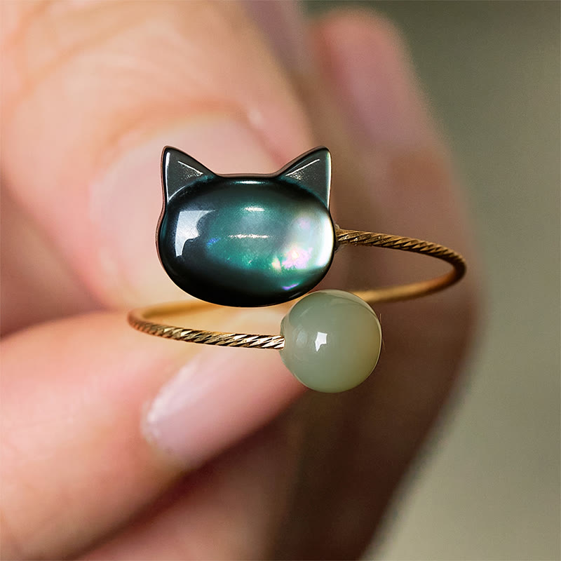 Bague ajustable en Buddha Stones noir avec pierre de Tridacna et chat - Réglable - image 1
