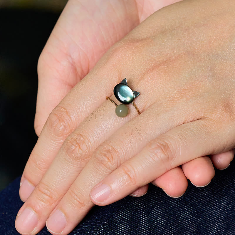 Bague ajustable en Buddha Stones noir avec pierre de Tridacna et chat - image 9