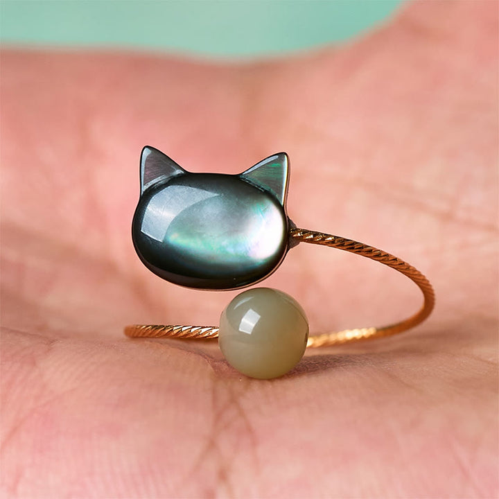 Bague ajustable en Buddha Stones noir avec pierre de Tridacna et chat - image 12