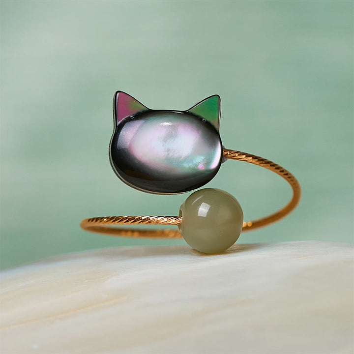 Bague ajustable en Buddha Stones noir avec pierre de Tridacna et chat - image 2
