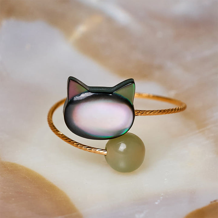 Bague ajustable en Buddha Stones noir avec pierre de Tridacna et chat - image 10