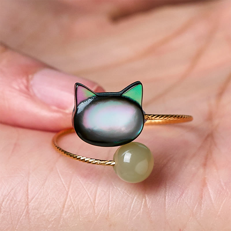 Bague ajustable en Buddha Stones noir avec pierre de Tridacna et chat - image 11
