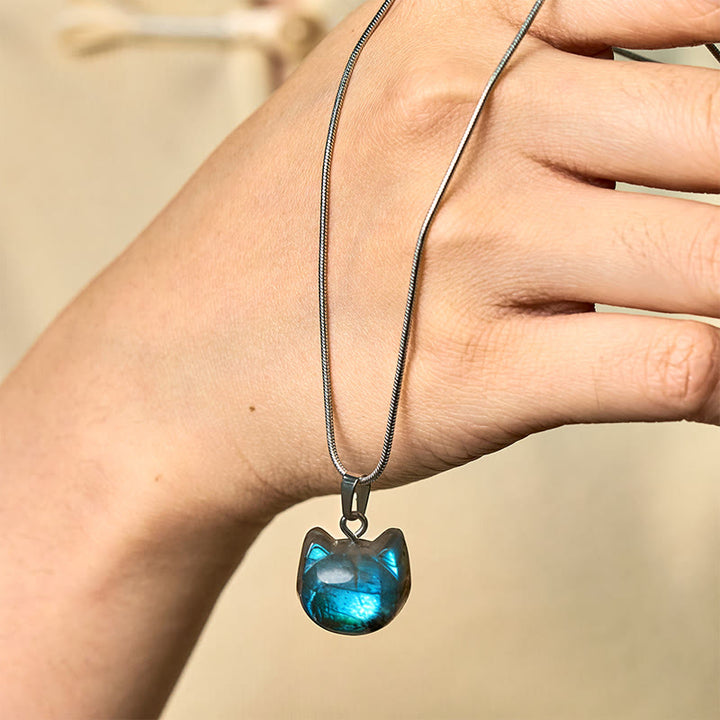 Collier pendentif de guérison en labradorite naturelle à motif de chat en Buddha Stones - Labradorite (Guérison ♥ Soutien) - image 1