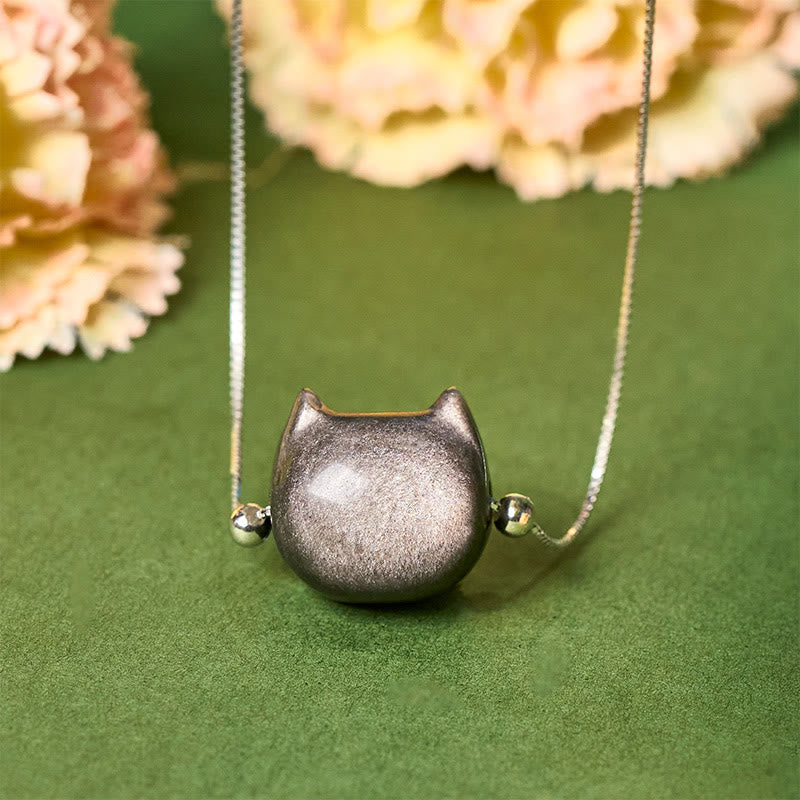 Collier chat en obsidienne dorée et argent sterling 925 avec pierres de Buddha Stones - Obsidienne argentée - image 1
