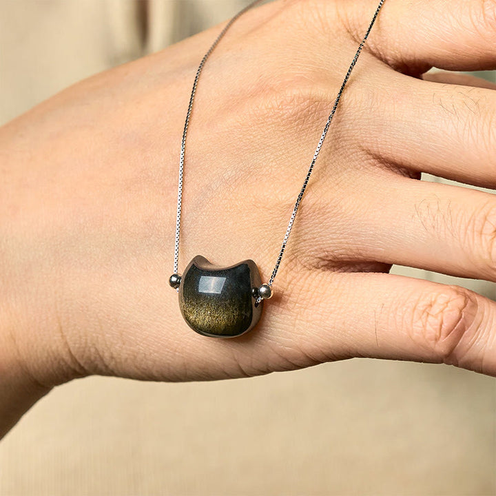 Collier chat en obsidienne dorée et argent sterling 925 avec pierres de Buddha Stones - image 6