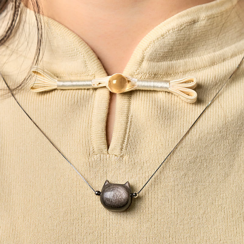 Collier chat en obsidienne dorée et argent sterling 925 avec pierres de Buddha Stones - image 1