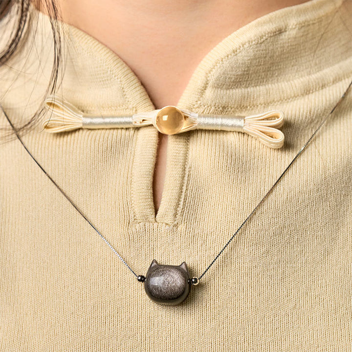 Collier chat en obsidienne dorée et argent sterling 925 avec pierres de Buddha Stones - image 1