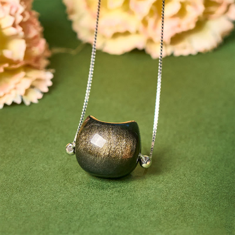 Collier chat en obsidienne dorée et argent sterling 925 avec pierres de Buddha Stones - Obsidienne à reflets dorés - image 5