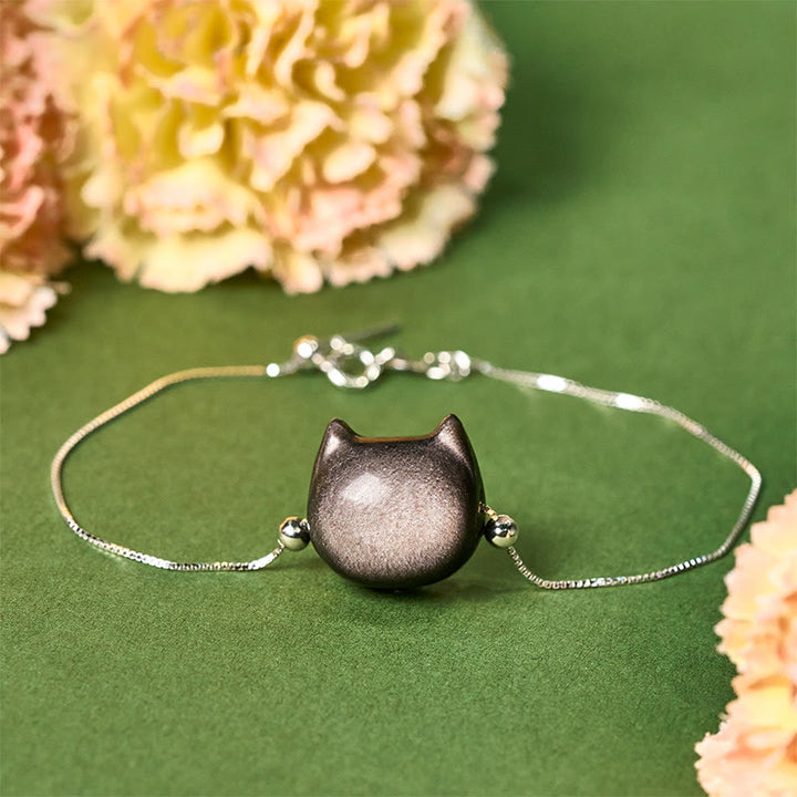 Bracelet apaisant pour chat en argent Buddha Stones 925 et obsidienne brillante argentée et dorée - Obsidienne à reflets argentés - 17-22 cm - image 0