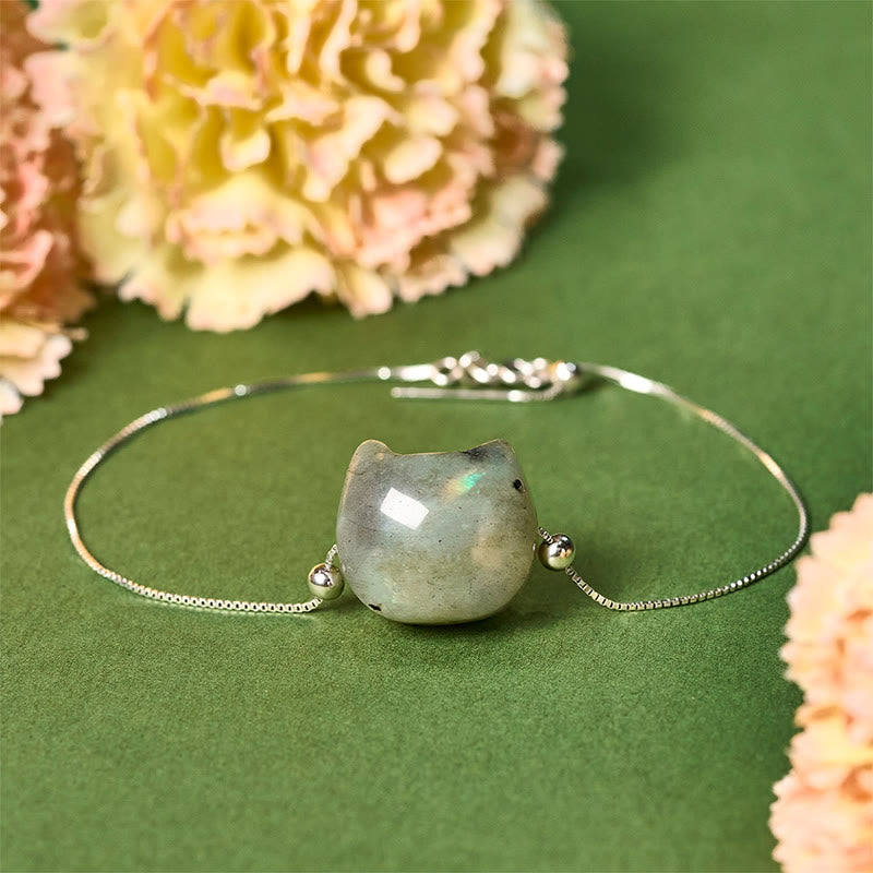 Bracelet de guérison en argent Buddha Stones 925 avec tête de chat sans visage et labradorite naturelle - 18-22 cm - image 1