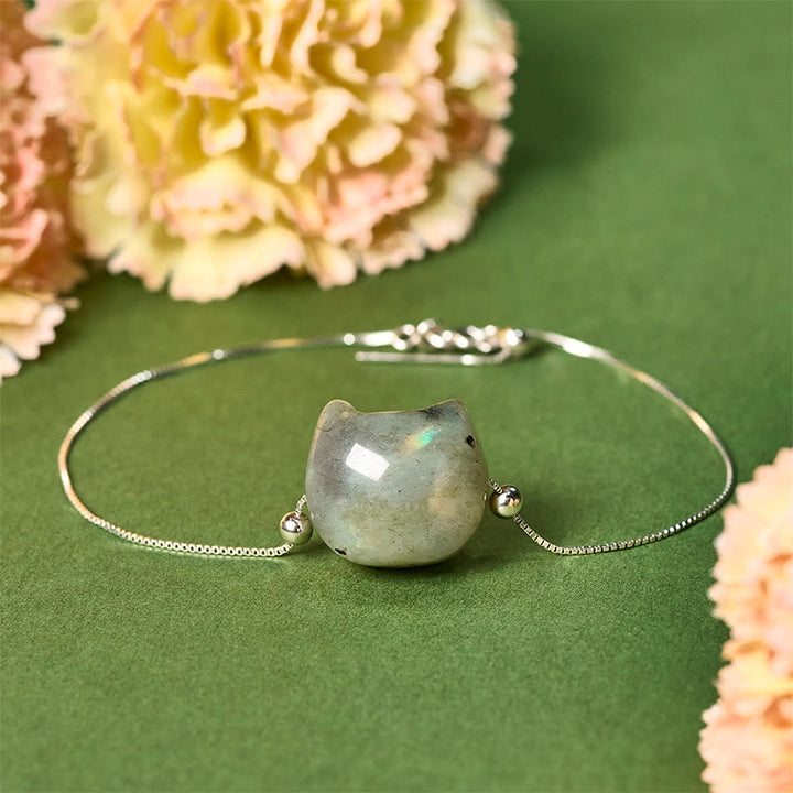 Bracelet de guérison en argent Buddha Stones 925 avec tête de chat sans visage et labradorite naturelle - 18-22 cm - image 1