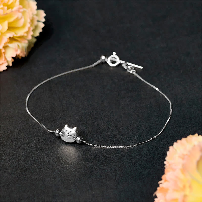 Bracelet chaîne en argent sterling 925 avec mini chat et pierres de Buddha Stones - Bracelet Chat (Tour de poignet 17-22 cm) - image 0
