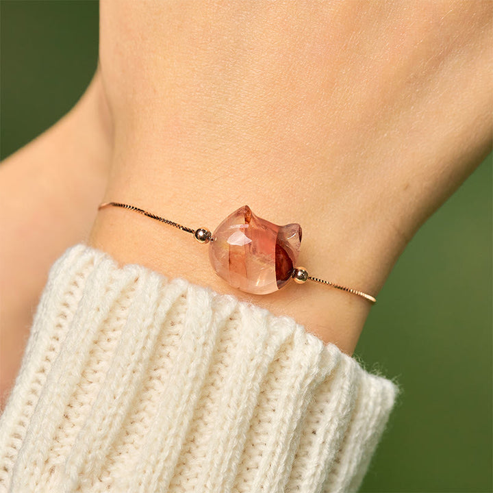Bracelet Passion en argent Buddha Stones 925 avec tête de chat sans visage et quartz fleur rouge naturel - image 4