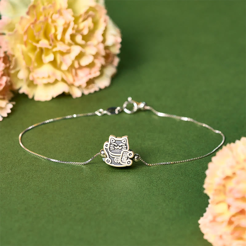Bracelet de protection en argent sterling 925 avec Buddha Stones et chat porte-bonheur - 18-22 cm - image 1