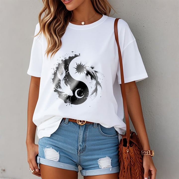 T-shirt à motif Bouddha, soleil et lune, Yin Yang, Koi - image 3
