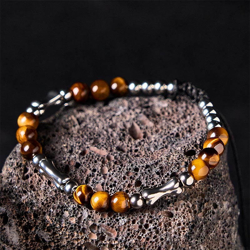 Bracelet de perles courageuses en œil de tigre avec joli motif osseux et Buddha Stones - image 2