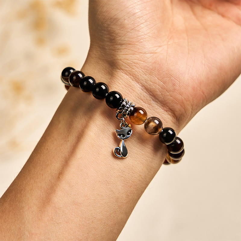 Bracelet de protection en perles d'agate rayée marron foncé avec chat siamois chocolat Buddha Stones - image 5