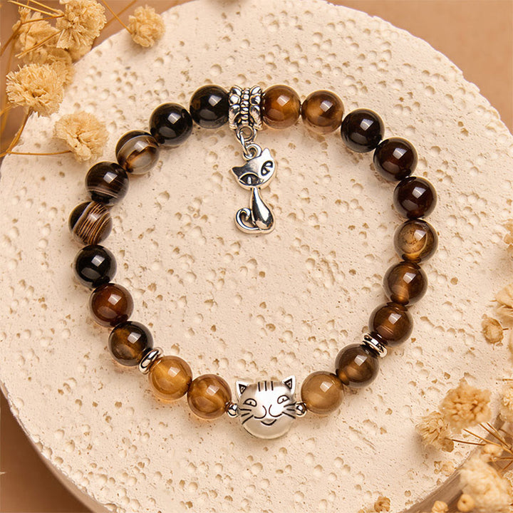 Bracelet de protection en perles d'agate rayée marron foncé avec chat siamois chocolat Buddha Stones - image 3
