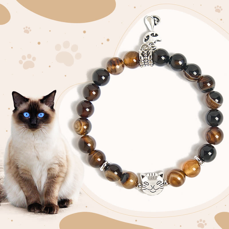 Bracelet de protection en perles d'agate rayée marron foncé avec chat siamois chocolat Buddha Stones - Chat siamois chocolat (tour de poignet 15-16 cm) - image 1