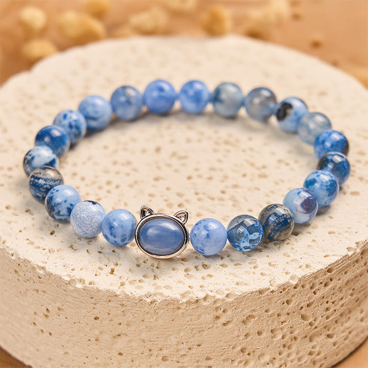 Bracelet de protection en agate bleue et cyanite naturelle avec tête de chat et Buddha Stones - Agate bleue (tour de poignet : 14-16 cm) - image 1