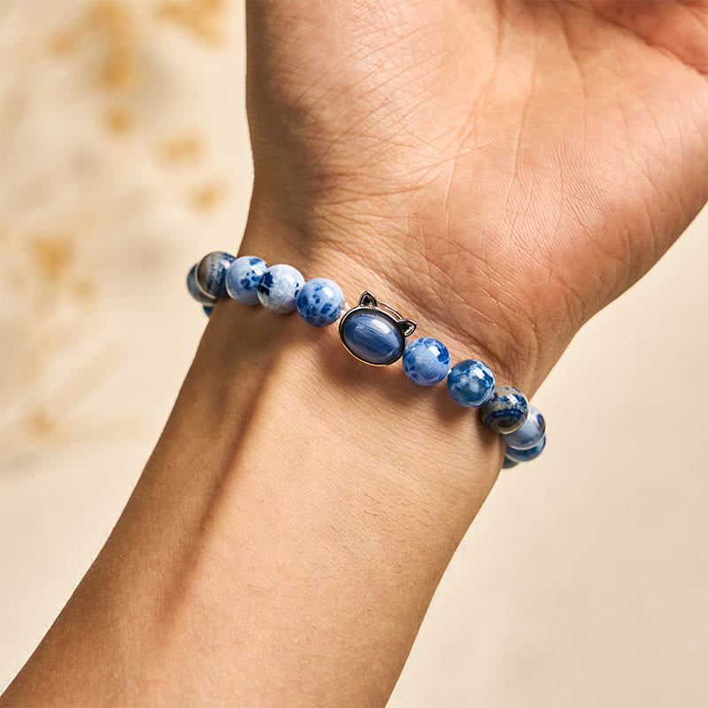 Bracelet de protection en agate bleue et cyanite naturelle avec tête de chat et Buddha Stones - image 4