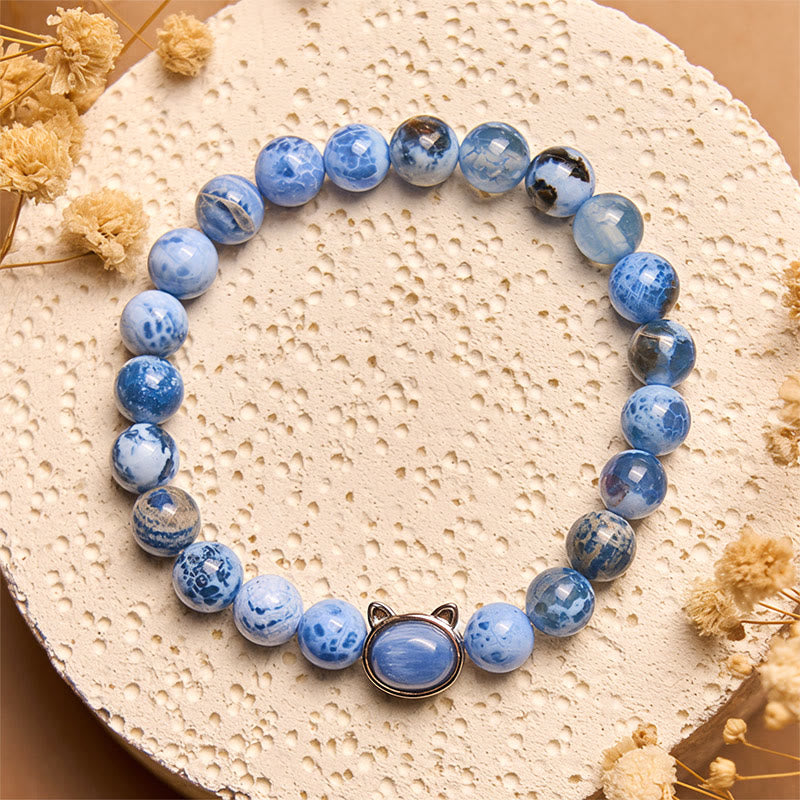 Bracelet de protection en agate bleue et cyanite naturelle avec tête de chat et Buddha Stones - image 2