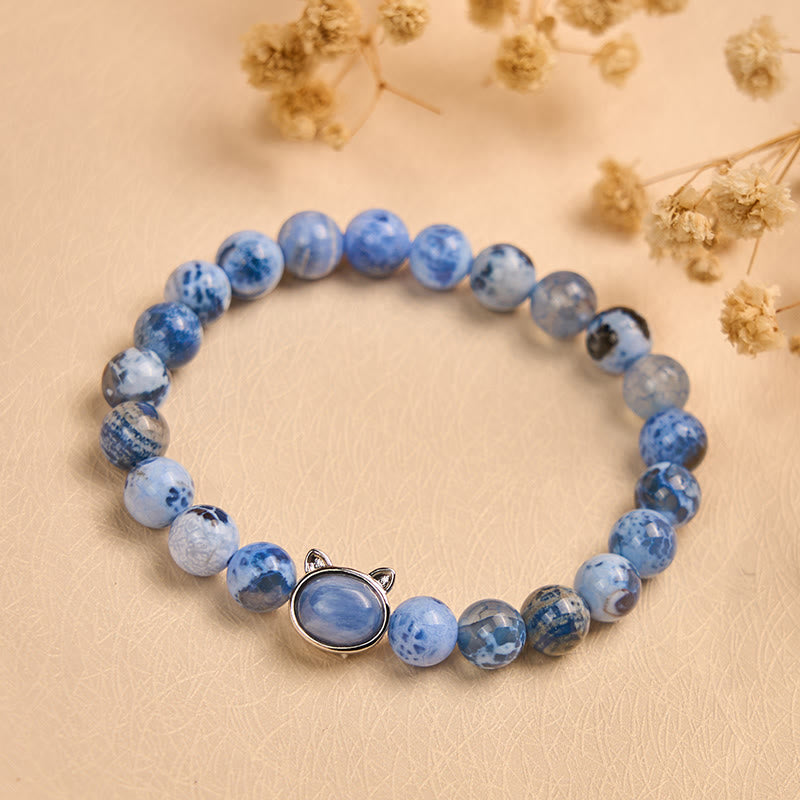 Bracelet de protection en agate bleue et cyanite naturelle avec tête de chat et Buddha Stones - image 3