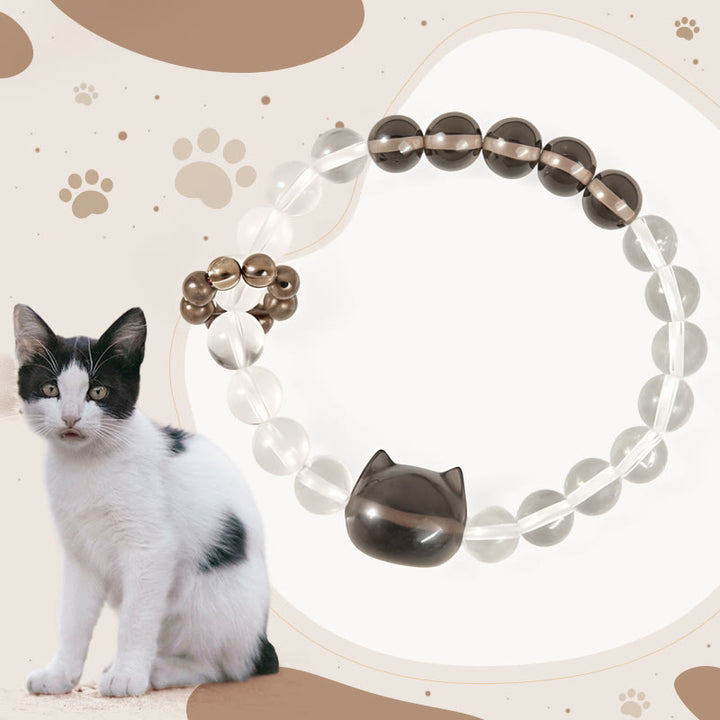 Bracelet de protection en quartz fumé blanc naturel avec motif chat bobtail japonais Buddha Stones - Chat Bobtail japonais (tour de poignet : 14-16 cm) - image 1