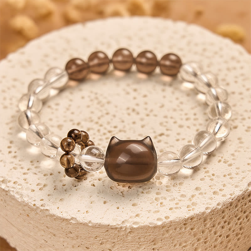 Bracelet de protection en quartz fumé blanc naturel avec motif chat bobtail japonais Buddha Stones - image 3
