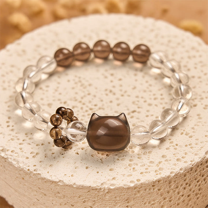 Bracelet de protection en quartz fumé blanc naturel avec motif chat bobtail japonais Buddha Stones - image 4