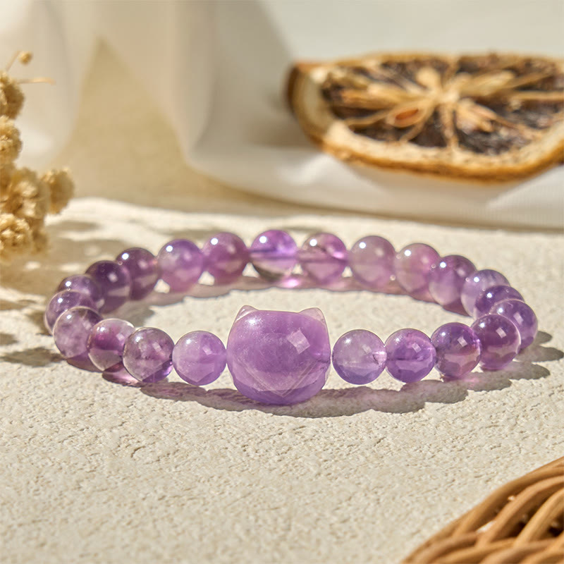 Bracelet de conscience spirituelle en améthyste avec tête de chat mignon et Buddha Stones - Améthyste (tour de poignet 15-20 cm) - image 1