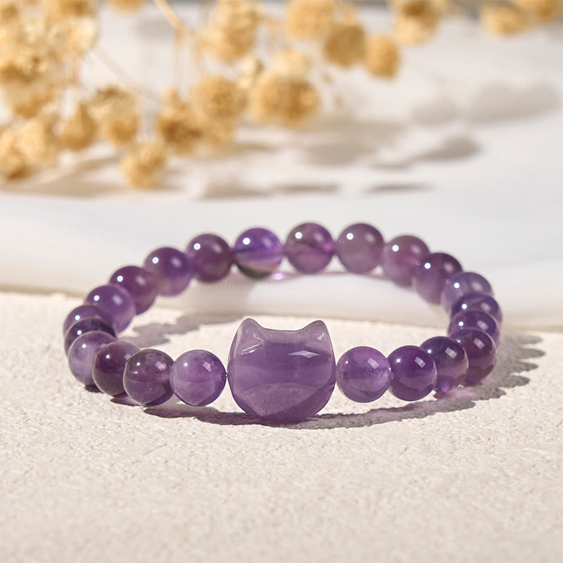 Bracelet de conscience spirituelle en améthyste avec tête de chat mignon et Buddha Stones - image 2
