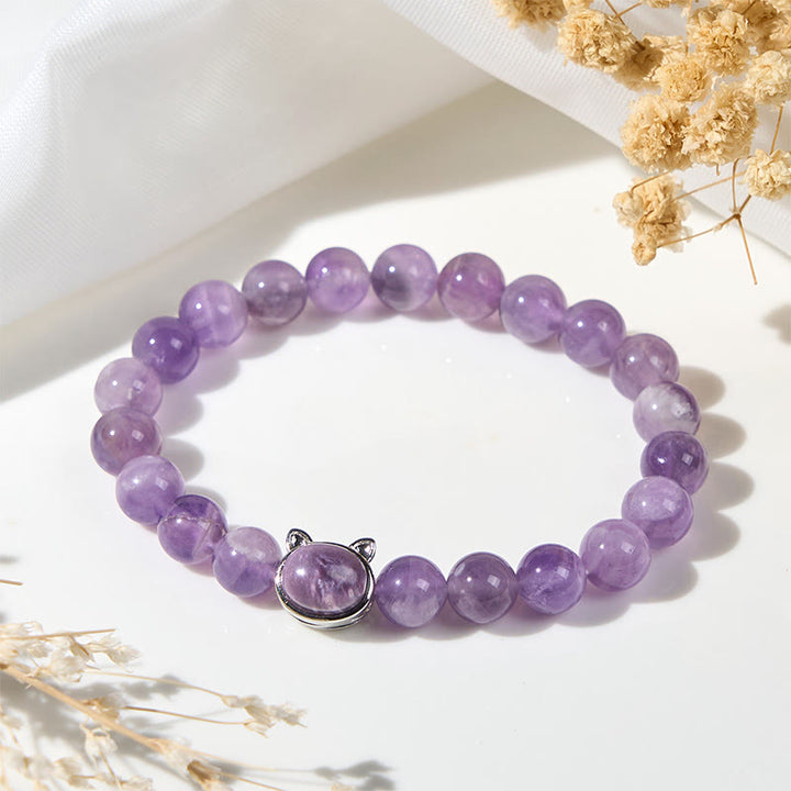 Bracelet Buddha Stones en améthyste avec joli visage de chat pour soulager le stress - image 4
